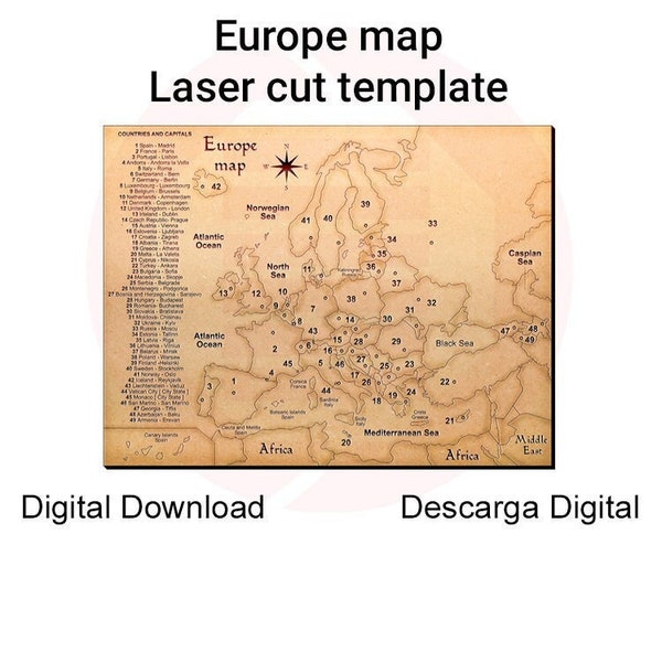 Mapa Europa Laser madera mdf corte laser vector plantilla Glowforge SVG decoracion hogar escuela descarga digital