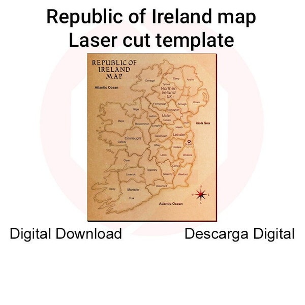 Karte der Republik Irland, Europa-Landkarte, Glowforge SVG, lasergeschnittene Vektordatei, Heimdekoration, Wandkunst, digitaler Download