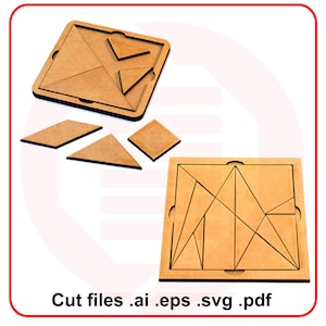 Laser cut Tangram puzzle Ostomachion puzzle SVG template cutting files pattern vector design educational montessori school supplies