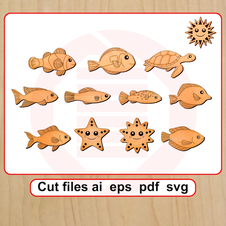 Laserskärning SVG Havsdjur fiskar Laserskärningsdesign Heminredning digital nedladdning bild 1