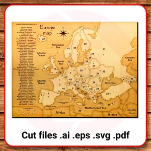 Laser geschnitten SVG Europa Karte Glowforge Felder aus Holz schneiden Designs VektorSchule Wohnkultur Design Vorlage digitaler Download