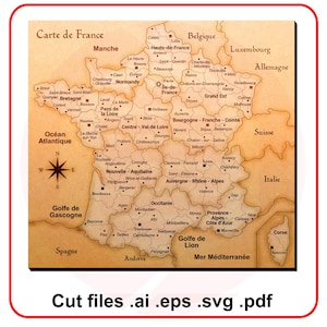 Modello vettoriale della mappa della Francia in formato SVG tagliato al laser, download digitale in compensato di legno MDF
