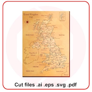 Carte du Royaume-Uni Royaume-Uni découpée au laser SVG vecteur modèle fichiers de découpe numérique MDF contreplaqué de bois téléchargement immédiat