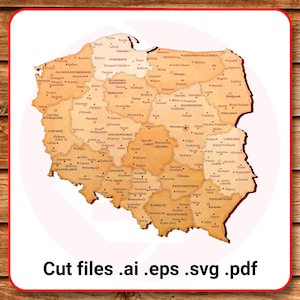 以下が含まれることがあります： ポーランドの詳細な地図で、行政区分が茶色とベージュの色合いで表示されています。地図には都市名と地域の境界線が含まれています。「Cut files .ai .eps .svg .pdf」というテキストが下部に表示されています。