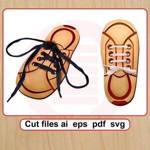 Puede incluir: Dos recortes de zapatos de madera con ribete rojo. Uno tiene cordones negros atados, el otro tiene cordones blancos atados. El texto "Cut files ai eps pdf svg" está en un rectángulo rojo en la parte inferior.