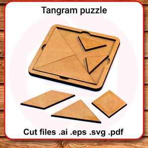 Gra w układanki Tangram wycinana laserowo Glowforge SVG szablon pliki do cięcia wzór wektor projekt puzzle dla dzieci puzzle edukacyjne montessori szkoła