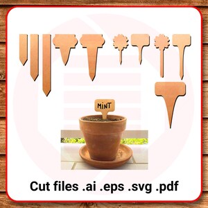 Etiquetas para plantas cortadas con láser SVG, archivos de corte de madera vectoriales Glowforge, estacas para vegetales, plantillas para jardín de flores y hierbas, descarga digital