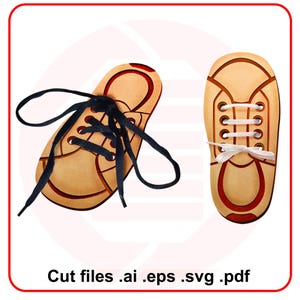 Zapato SVG cortado con láser para aprender a atarse los cordones. Manualidades de madera cortadas con láser. Plantilla de zapato de aprendizaje para niños. Descarga digital.