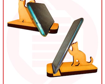 Archivos SVG cortados con láser Soporte para teléfono celular de gato Descarga de plantilla de corte de madera