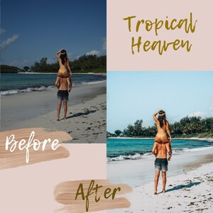 Op de afbeelding: Een stel op een tropisch strand, de vrouw zit op de schouders van de man. De afbeelding is gesplitst in twee secties, "Voor" en "Na", die het effect van een fotofilter laten zien. De tekst "Tropical Heaven" staat bovenaan de afbeelding.