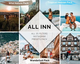 3x ALLE COMBO: Wilde natuur + Tropische hemel + Wanderlust-pakket | 35 Lightroom Mobile- en Desktop-voorinstellingen | Voor Android, iOS, pc