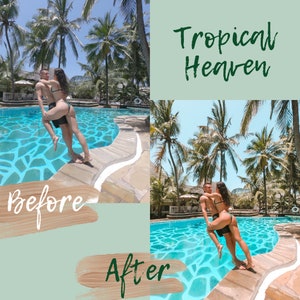 Op de afbeelding: Een stel in badkleding poseert bij een zwembad in een tropische omgeving. De tekst "Tropical Heaven" is in groen geschreven op een lichtgroene achtergrond. De afbeelding is in twee delen gesplitst, "Voor" en "Na", met het stel in verschillende poses in elk deel.