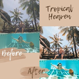 Op de afbeelding: Een voor- en nafoto van een stel op een tropische locatie. De voorfoto toont het stel dat op een houten brug over een zwembad staat. De nafoto toont het stel dat onder water in het zwembad zwemt. De tekst "Tropical Heaven" staat bovenaan de afbeelding. De tekst "Voor" staat linksonder in de afbeelding. De tekst "Na" staat rechtsonder in de afbeelding.