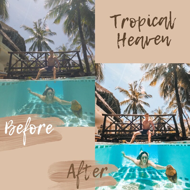 Op de afbeelding: Een voor- en nafoto van een stel op een tropische locatie. De voorfoto toont het stel dat op een houten brug over een zwembad staat. De nafoto toont het stel dat onder water in het zwembad zwemt. De tekst "Tropical Heaven" staat bovenaan de afbeelding. De tekst "Voor" staat linksonder in de afbeelding. De tekst "Na" staat rechtsonder in de afbeelding.