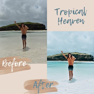 Op de afbeelding: Een voor- en nafoto van een stel op een tropisch strand. De foto van ervoor toont het stel in het water staand, terwijl de foto van daarna het stel op het strand laat zien met het water op de achtergrond. De tekst "Tropical Heaven" is in blauw op een roze achtergrond geschreven.
