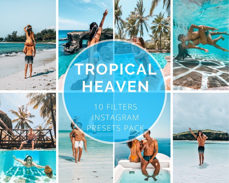Op de afbeelding: Een collage van foto's met tropische bestemmingen, waaronder stranden, zwembaden en palmbomen. De tekst "TROPICAL HEAVEN 10 FILTERS INSTAGRAM PRESETS PACK" wordt in het midden van de afbeelding weergegeven.