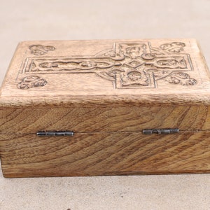 Hand Carved Celtic Cross Wooden Box Keepsake Jewelry Storage image 8