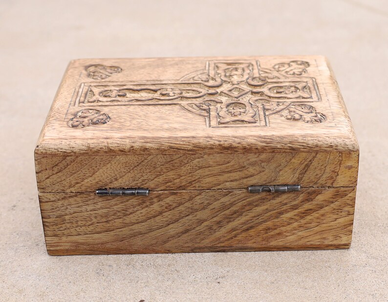 Hand Carved Celtic Cross Wooden Box Keepsake Jewelry Storage image 8