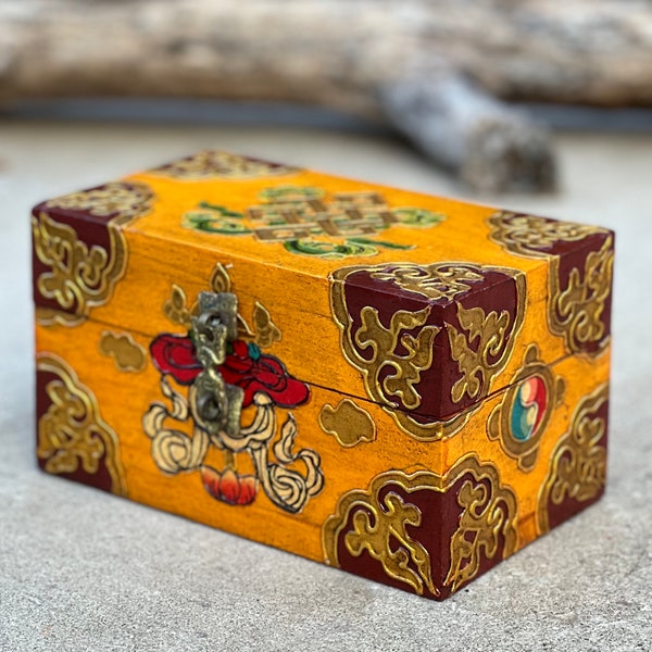 Hand Carved Painted Tibetan Wooden Box Nepal Keepsake Jewelry Watch Treasures Pata Umbrella.