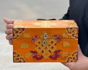 Large Hand Carved Painted Pata (Endless Knot) Tibetan Chest Wooden Box Nepal Keepsake Jewelry Watch Treasures