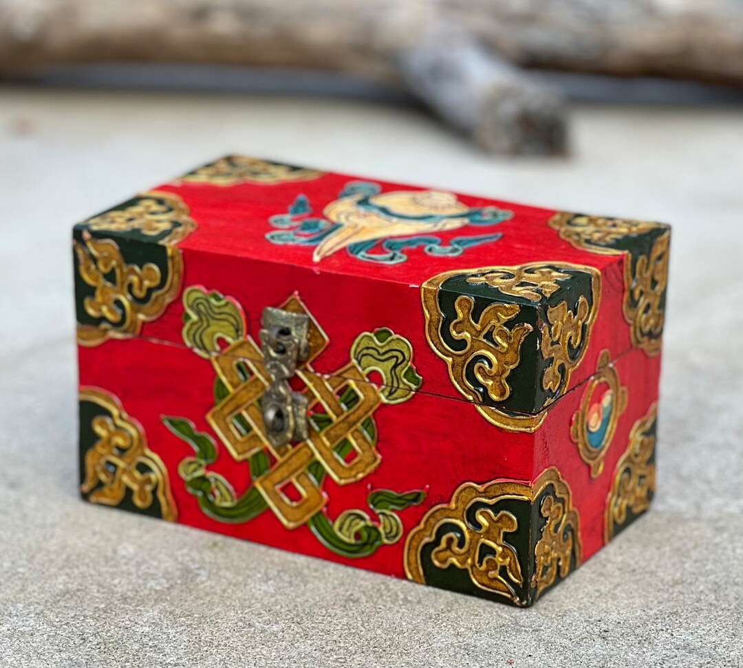Hand Carved Painted Tibetan Wooden Box Nepal Keepsake Jewelry Watch