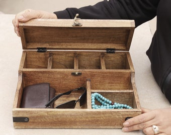 Rustic Wooden 7 Slots Bedside Phone, Watch & Valet Organizer Keepsake Treasure Box - FAST SHIPPING