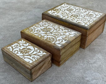 Hand Carved Wooden Set of 3 Box,  Floral Motif Decorative Storage Box, Nesting Boxes, Gift Box, Keepsake Box 317 FAST SHIPPING!!!