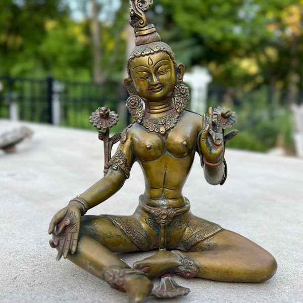Green Tara Female Buddha Old Statue Solid  Antique Bronze Finish for Home Altar Shrine Meditation Room 11 Inches Tall