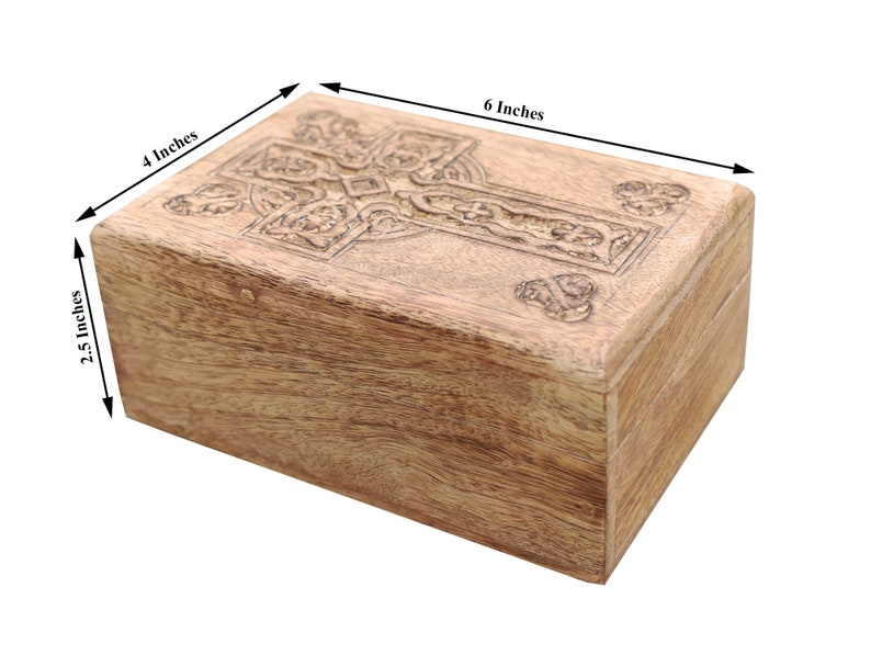 Hand Carved Celtic Cross Wooden Box Keepsake Jewelry Storage image 6