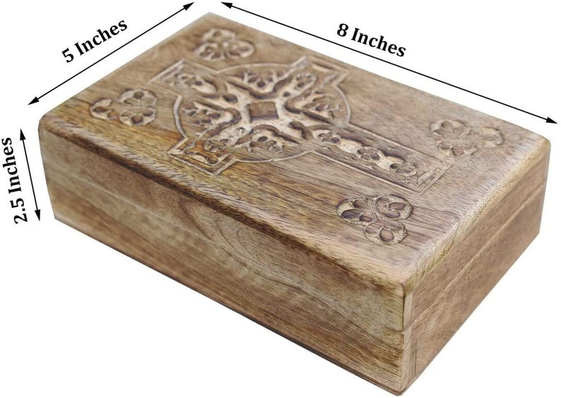 Hand Carved Celtic Cross Wooden Box Keepsake Jewelry Storage image 2