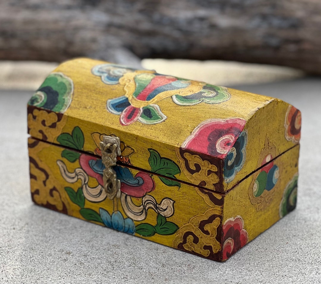 Hand Carved Painted Tibetan Chest Wooden Box Nepal Keepsake Etsy