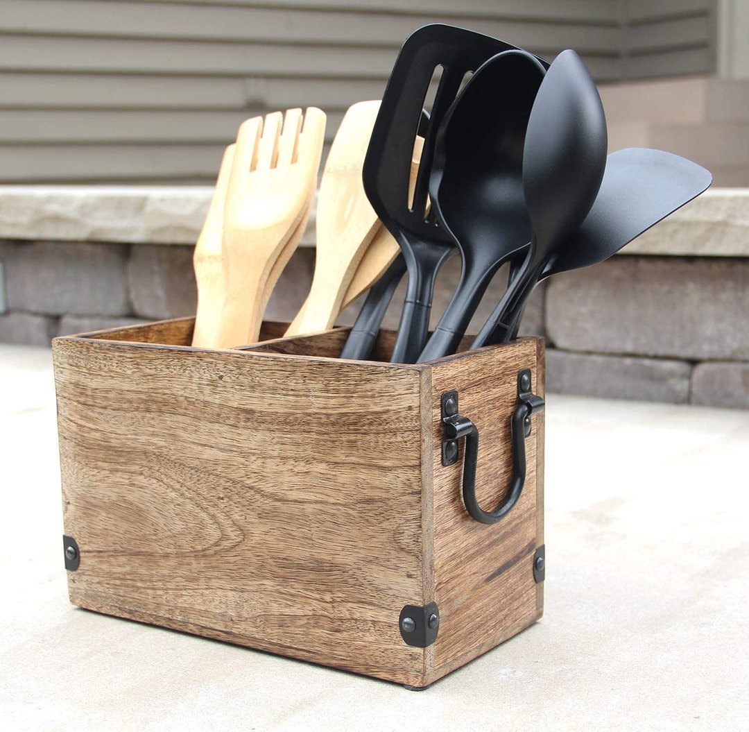 Rustic Wooden Utensil Organizer 2 Compartments Kitchen Caddy for ...