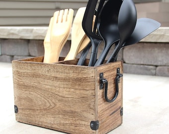 Rustic Wooden Utensil Organizer - 2 Compartments Kitchen Caddy For Utensils, Silverware, Sauce Spoon, Cutlery, Napkins, Bottles & More