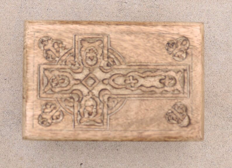 Hand Carved Celtic Cross Wooden Box Keepsake Jewelry Storage image 9