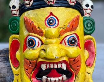 Hand Carved Tibetan Buddhist Mahakala Wooden Mask Wall Decor Hanging Yellow