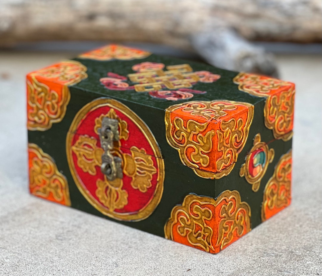 Hand Carved Painted Tibetan Wooden Box Nepal Keepsake Jewelry Watch