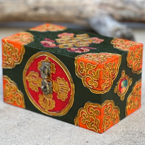 Hand Carved Painted Tibetan Wooden Box Nepal Keepsake Jewelry Watch Treasures Pata Double Dorji
