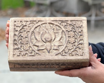 Handmade Hand Carved Lotus Wooden Box Keepsake Jewelry Watch Storage
