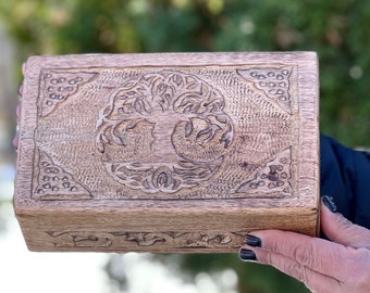 Hand Carved Celtic Tree Of Life Wooden Box Keepsake Jewelry Storage