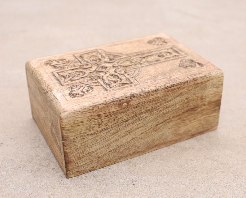 Hand Carved Celtic Cross Wooden Box Keepsake Jewelry Storage image 7