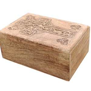 Hand Carved Celtic Cross Wooden Box Keepsake Jewelry Storage image 5