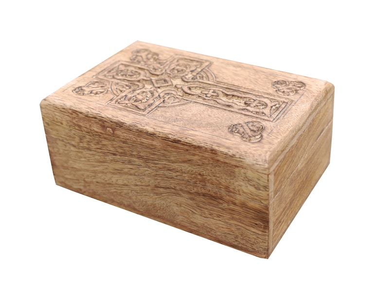Hand Carved Celtic Cross Wooden Box Keepsake Jewelry Storage image 5