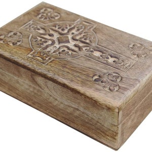 Hand Carved Celtic Cross Wooden Box Keepsake Jewelry Storage image 1