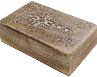 Hand Carved Celtic Cross Wooden Box Keepsake Jewelry Storage