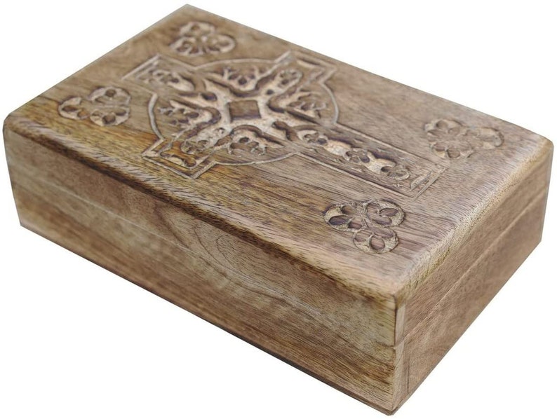 Hand Carved Celtic Cross Wooden Box Keepsake Jewelry Storage image 1