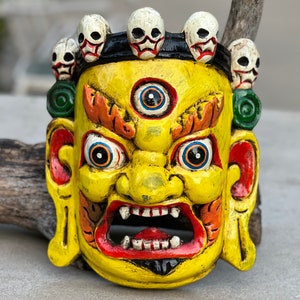 Hand Carved Tibetan Buddhist Mahakala Wooden Mask Wall Decor Hanging Yellow