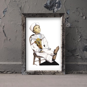 May include: A framed print of a doll in a sailor suit, seated in a wooden chair, holding a stuffed animal. The doll has a pale complexion and is wearing a white sailor hat and uniform with blue accents. The frame is weathered.