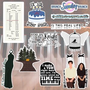 May include: A set of 10 colorful stickers featuring various designs, including a birthday cake, a piano keyboard, a bird in a cage, a knight and queen, and a musical note. The stickers are printed on white paper with black outlines.