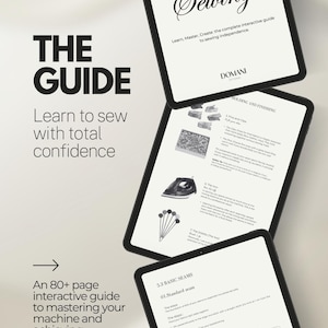 Peut inclure: Un guide interactif sur trois tablettes, intitulé "All About Sewing" et "The Guide". Le guide enseigne la couture avec confiance et la maîtrise d'une machine. Comprend des illustrations d'outils et de techniques de couture.