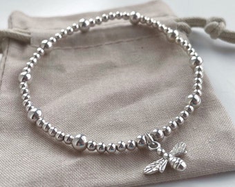 Sterling Silver Beaded Bracelet with Bee Charm, Meaningful Bee Bracelet for her, Womens Bee Bracelet for stacking, Gift for Her